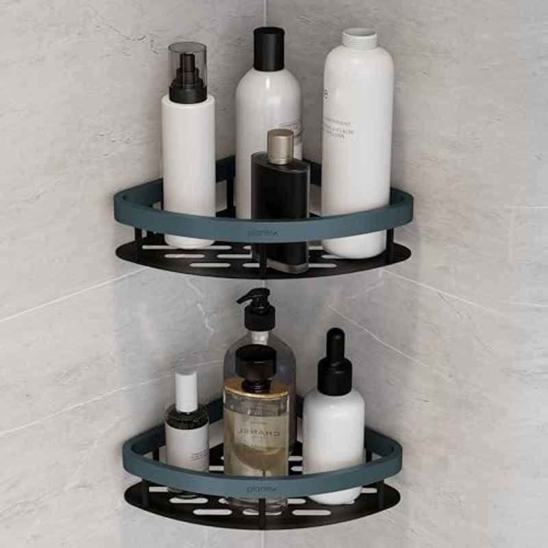 Plantex Self Adhesive Corner Shelf for Bathroom Wall/Aluminium & Stainless Steel Corner Rack/Storage Organizer/Bathroom Accessories Set (Pack of 2) 8x8 inch, Cadet Blue & Black