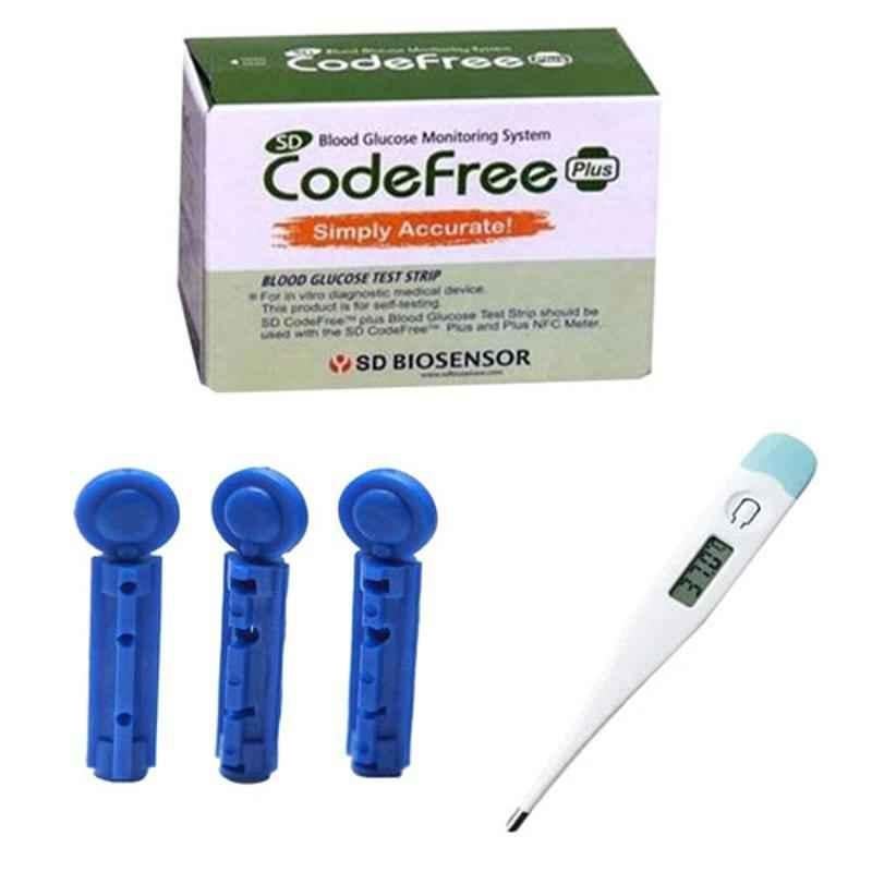 SD Codefree 50 Pcs Blood Glucose Test Strips, 100 Pcs Lancets & Digital Thermometer Combo