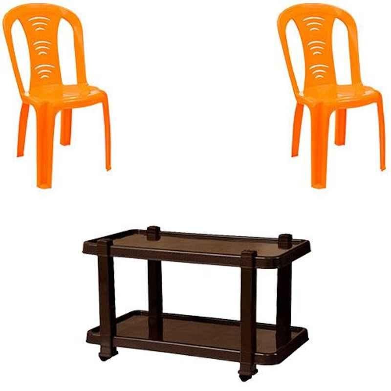 Italica 2 Pcs Polypropylene Orange Without Arm Chair & Nut Brown Table with Wheels Set, 9306-2/9509