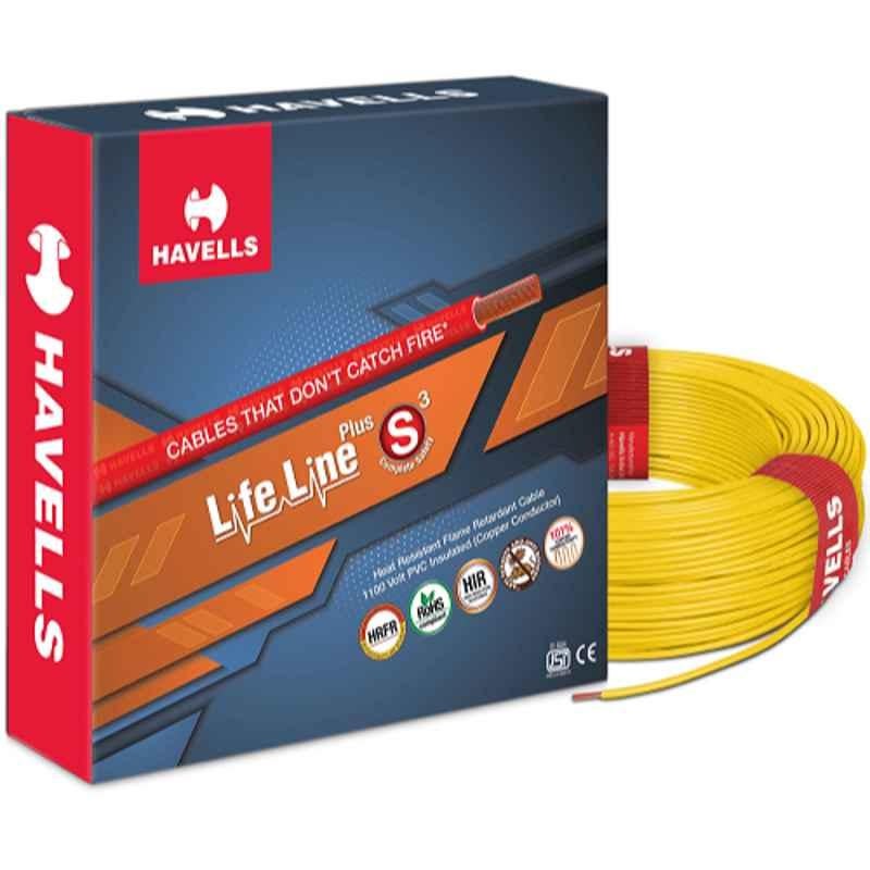 Havells 1.5 Sqmm Yellow Life Line Plus Single Core HRFR PVC Insulated Flexible Cables, WHFFDNYA11X5, Length: 90 m