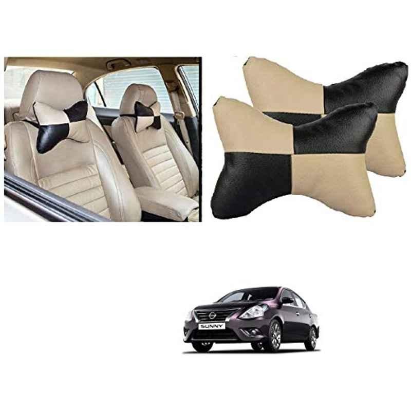 Kozdiko 2 Pcs Black & Beige Car Square Chess Design Neck Rest Seat Pillow Set for Nissan Sunny