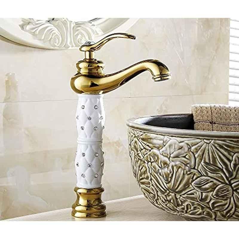 InArt WZS-814KW Brass White & Gold Deck Mount Single Lever Basin Mixer Tap for Bathroom, INA-349