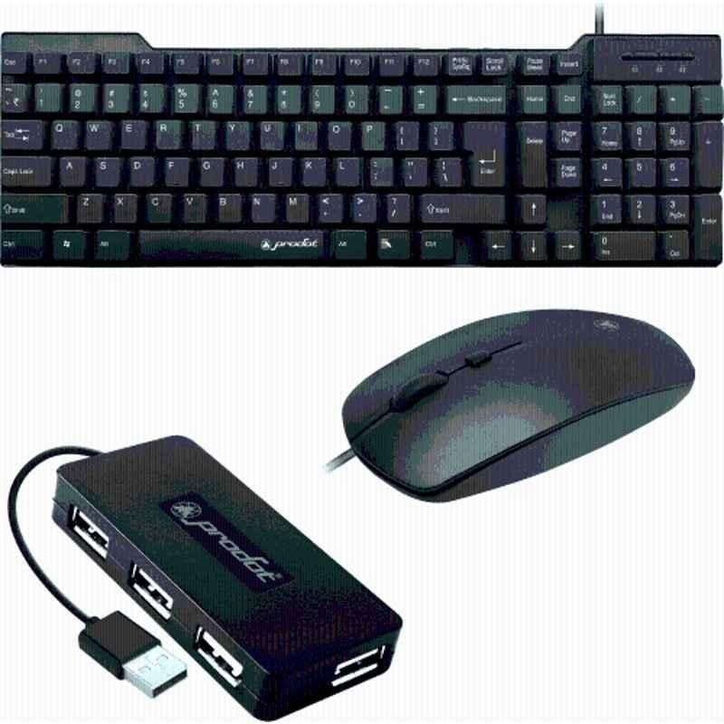 Prodot 3 Pcs 247 ABS Black Wired Keyboard, MU-205 Mouse & Playy Plus 4 Ports USB Hub Optical Combo