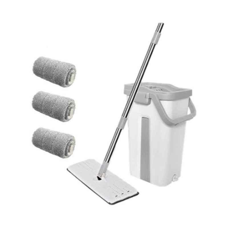 Generic White & Grey Microfiber Flat Mop with Bucket, 3 Reusable Mop Pads & Stainless Steel Handle Set