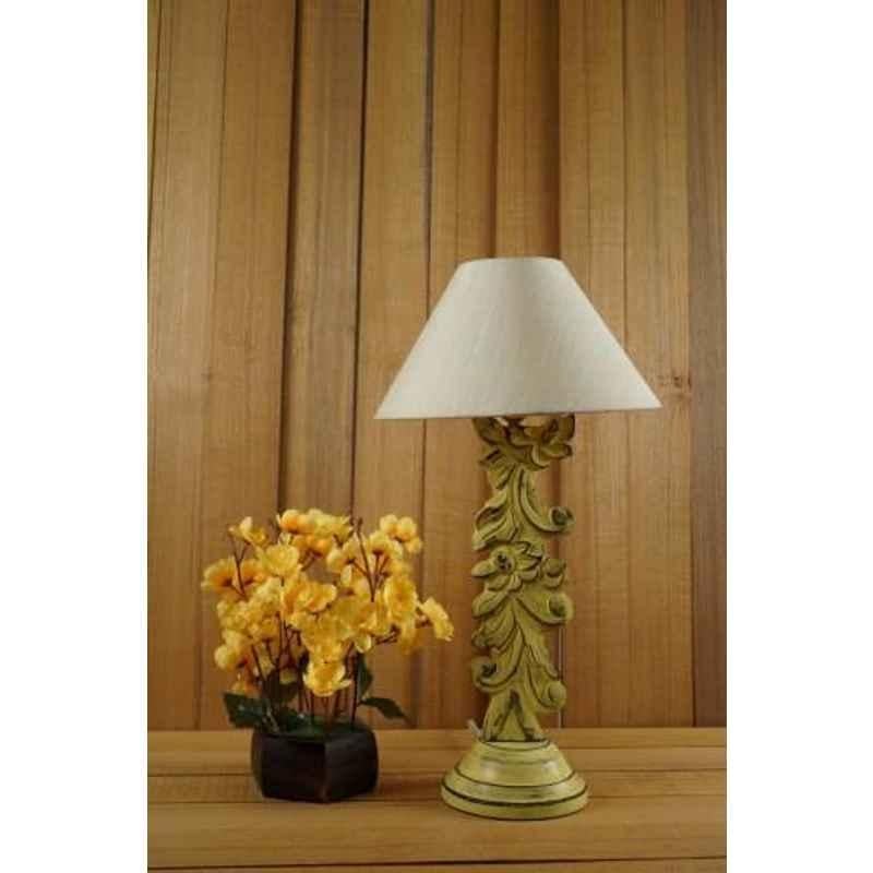 Tucasa Mango Wood Crushed Yellow Carving Table Lamp with 10 inch Polycotton Off White Pyramid Shade, WL-58