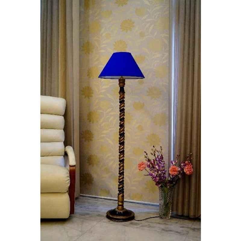 Tucasa Mango Wood Black & Gold Floor Lamp with Blue Conical Polycotton Shade, WF-67