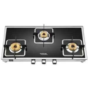 Hindware Dario Blk 3B Glass Top Cooktop with 3 Brass Burner & Manual Ignition