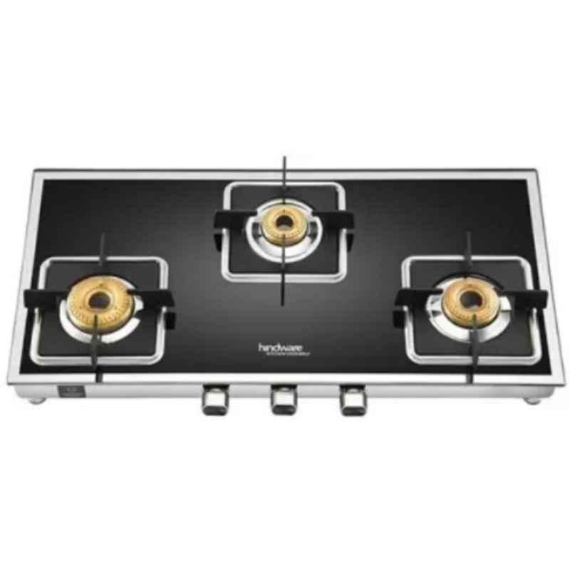 Hindware Dario Blk 3B Glass Top Cooktop with 3 Brass Burner & Manual Ignition