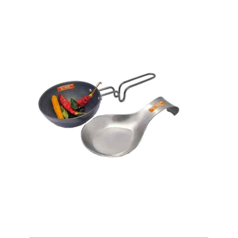 i WARE KkitchenCare 2 Pcs Stainless Steel Rest Holder Spoon & Spice Heating Tadka Pan Set