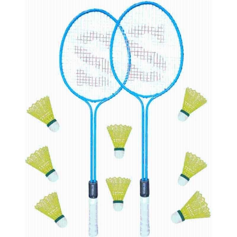 STYRKR Alloy Steel Blue Badminton Racquet Set of 2 Steel Frame with Shuttlecocks Pack of 8 Badminton Kit