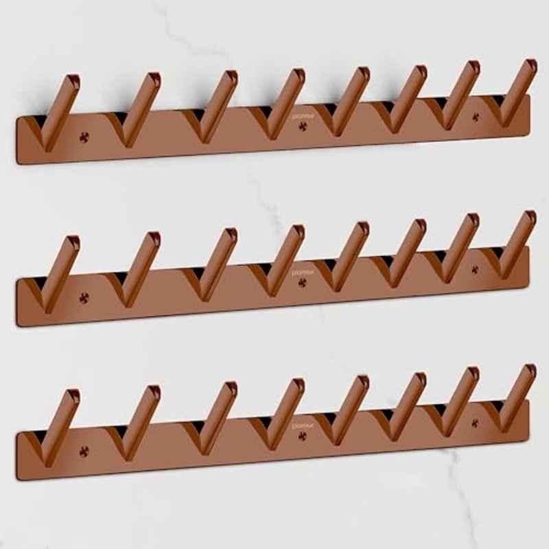 Plantex Wall Hooks for Hanging Cloth/Stainless Steel Towel Hangers/Bathroom Robe Hooks/Door Hangers/Square Wall Hook/Hook Rail for Hanging Keys 8 Hooks (Pack of 3), PVD Rose Gold