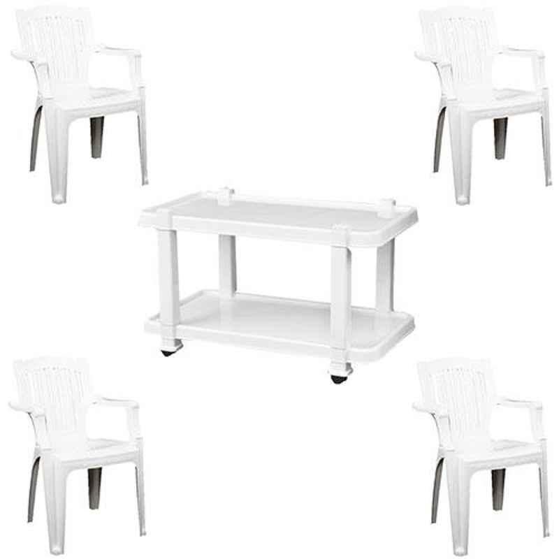Italica 4 Pcs Polypropylene White Comfort Arm Chair & White Table with Wheels Set, 9001-4/9509