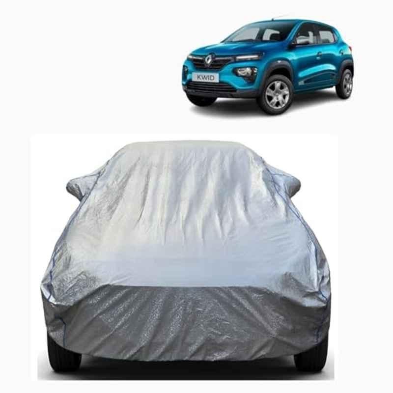Aarex Auto Polyester Silver 100% Waterproof Car Cover Mirror Pocket, Soft Cotton Lining, Triple Stitched, Buckle Belt & Windproof for Renault Kwid, SW-3-Silver