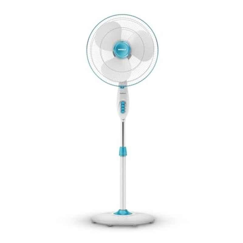 Havells Gatik Pro 57W 1350rpm 3 Blade White & Blue Pedestal Fan with 120 Ribs Guard for Safety & 2 Years Warranty, FHSGONSWHB16, Sweep: 400 mm