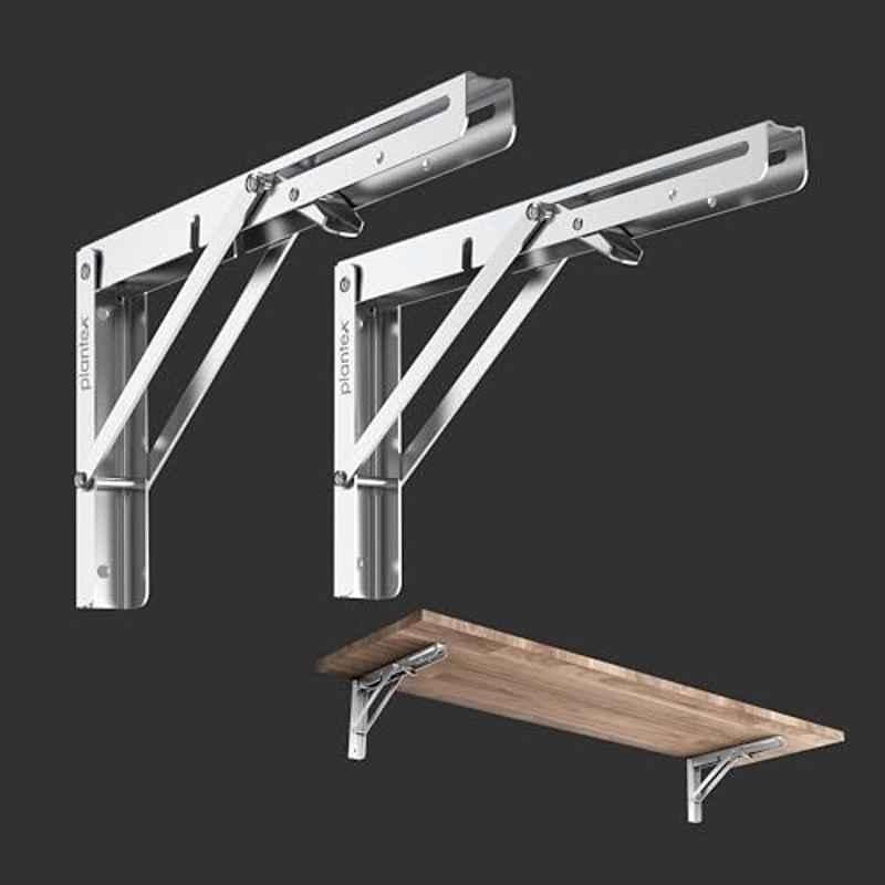Plantex Heavy Duty 12 inch Foldable Shelf Bracket/Stainless Steel Multipurpose Bracket/L Bracket/Space Saving Wall Bracket for Shelf/Folding Table Bracket for Home & Office (Pack of 2), Chrome
