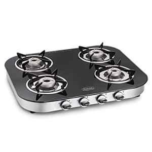 Padmini 4 Burner Stainless Steel Black Manual Ignition Glass Top Gas Stove, 4BR CS-4 GT RU ST