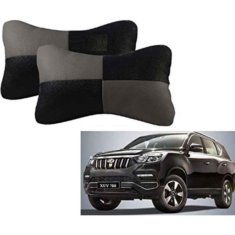 Kozdiko 2 Pcs Leather Grey & Black Neck Rest Car Cushion Pillow Set for Mahindra XUV 700 (Alturas G4)