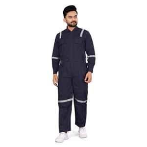 Areevanz 240 GSM Cotton Navy Blue Safety Coverall Boiler Suit with Reflective Tape, Size: L