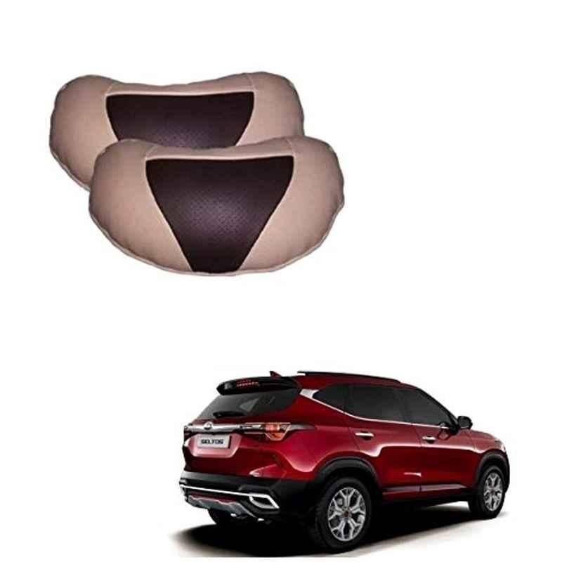 Kozdiko 2 Pcs Beige & Brown Car Neck Rest Cushion Pillow Set for Kia Seltos