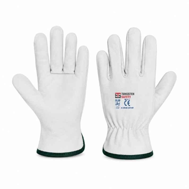 Tungsten Safety Soft Chrome Leather White & Green Safety Gloves with 1-2mm Thickness, Size: 9 (Pack of 60)