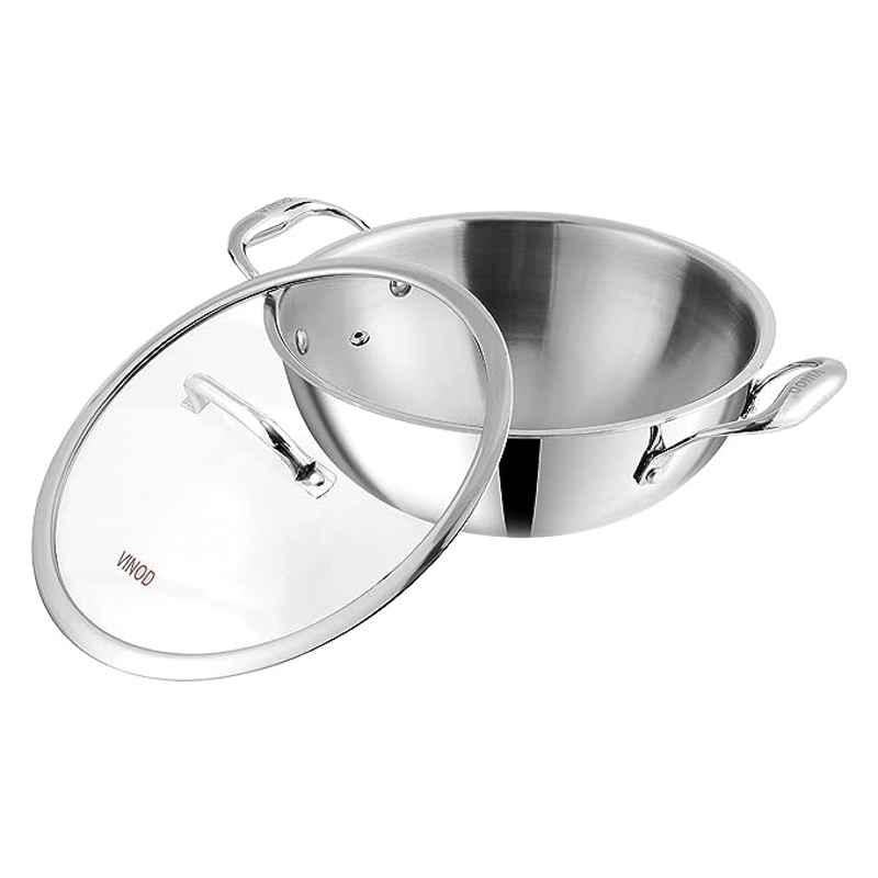 Vinod Platinum Triply 2.4L Stainless Steel Silver Kadai with Glass Lid, EDPTKD22GL