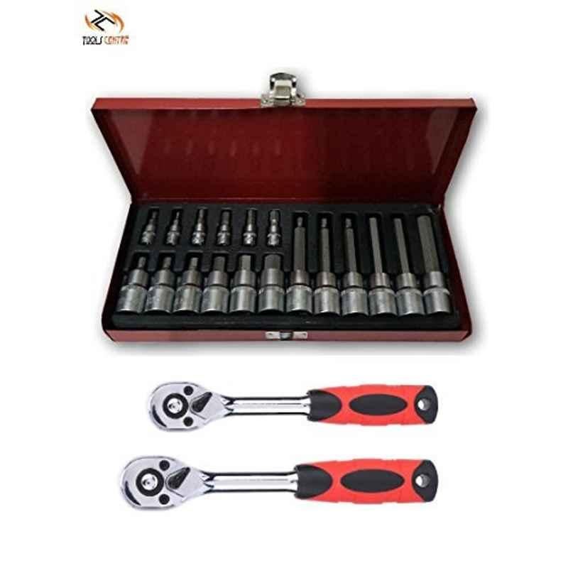 Krost Metal Allen Socket Set, Hex Bit With 1/4 And 1/2 Inch Ratchet Handle (Red, 18 Piece)