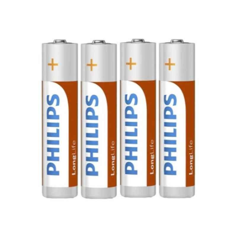 Philips LongLife 4Pcs AAA White, Brown & Silver Zinc Chloride Battery Set, R03L4F/97