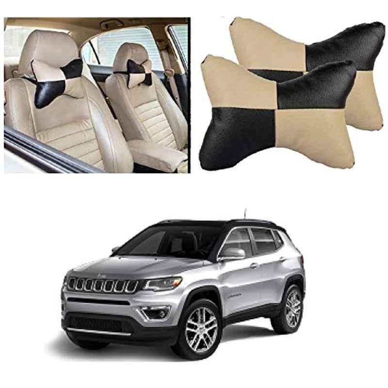 Kozdiko 2 Pcs Black & Beige Car Square Chess Design Neck Rest Seat Pillow Set for Jeep Compass