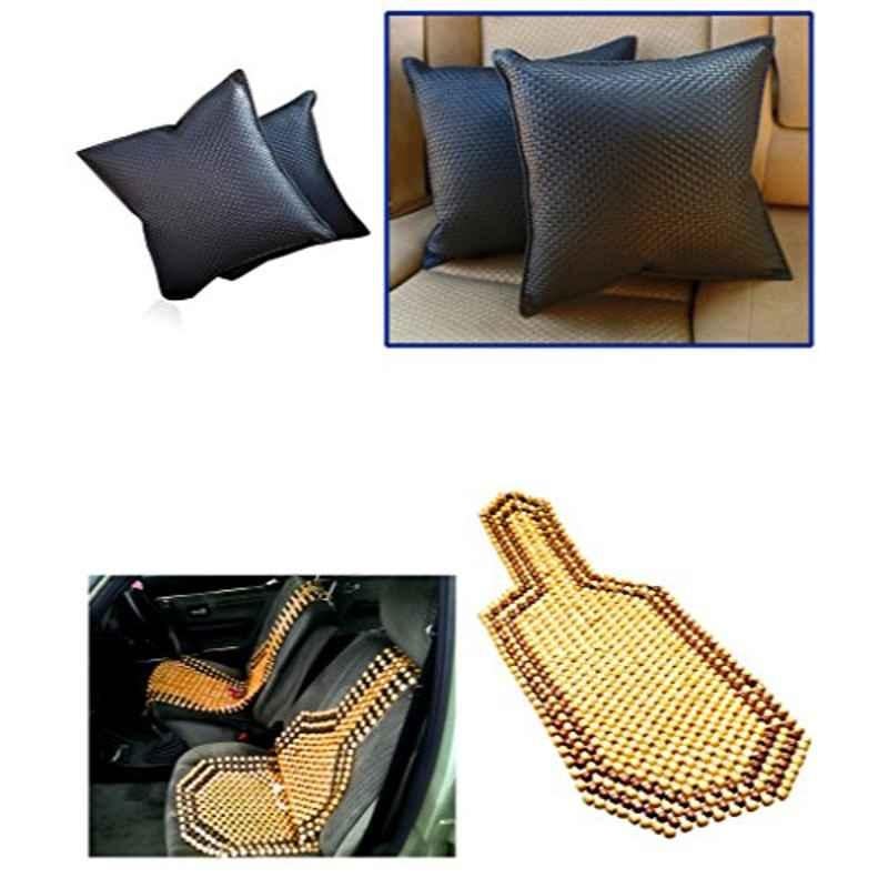 Kozdiko 2 Pcs Black Car Cushion Pillow Set & Wooden Bead Brown Seat Cover Combo