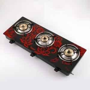 Fogger Smartking-104 3 Burner Black & Red Glass Top Manual Ignition Gas Stove with 2 Years Warranty