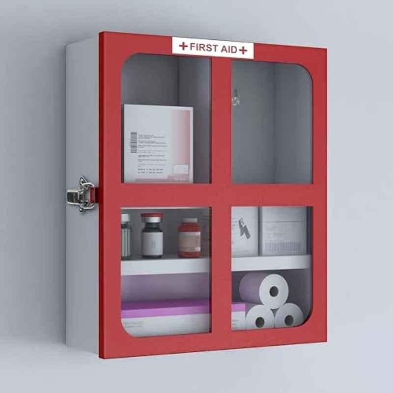 Plantex GI Steel First Aid Box Empty/Medicine Box for Home/Emergency Medical Box for Medicine Storage with Multi Compartments for School, Office, Factories with Clip Lock Red & White Wall Mountable