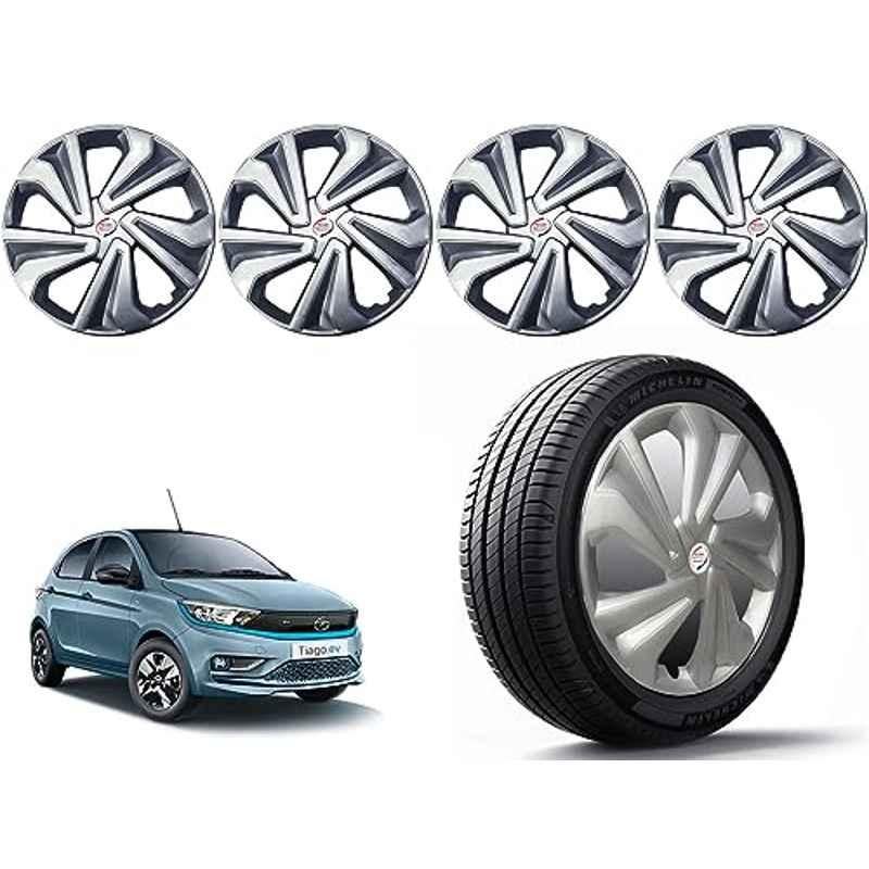 Auto Pearl 4 Pcs 14 inch Polypropylene Silver Press Type Car Wheel Cover Set with Retention Ring for Tata Tiago EV 2022, 14WC_Tiago_Silver_TiagoEv2022model