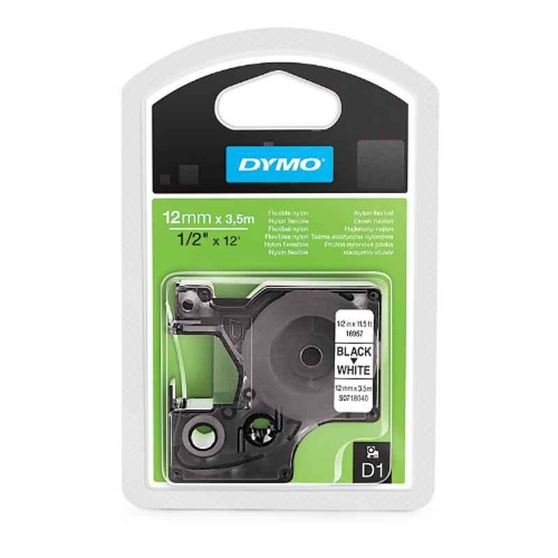 Dymo S0718040 12mmx3.5m Nylon Black on White D1 Flexible Tape, 16957