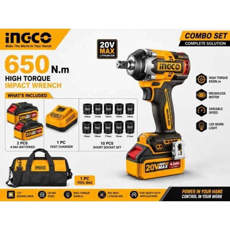 Ingco 15 Pcs 1/2 inch 20V 650Nm Cordless Impact Wrench Kit