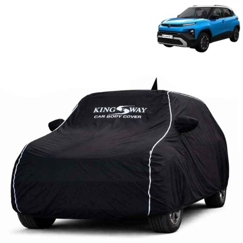 Kingsway Super Waterproof All Weather Protection Polypropylene Black Car Cover for Tata Punch 2026 Onwards with Silver Piping, Mirror & Antenna Pockets