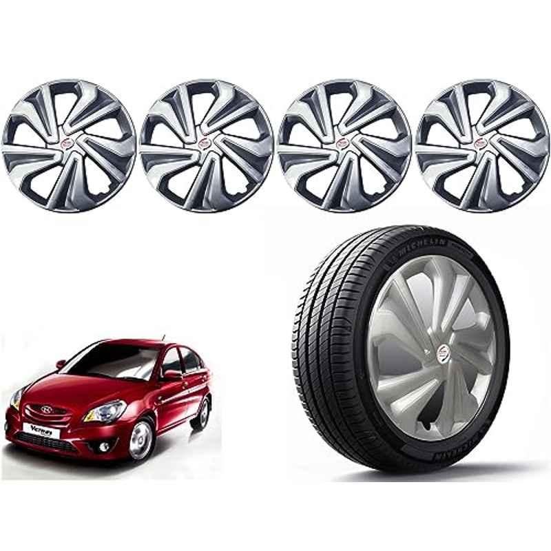 Auto Pearl 4 Pcs 14 inch Polypropylene Silver Press Type Car Wheel Cover Set with Retention Ring for Hyundai Verna Transform Type 2 2011, 14WC_Tiago_Silver_VernaTranfmT2_2011