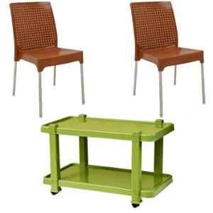 Italica 2 Pcs Polypropylene Camel Plasteel without Arm Chair & Green Table with Wheels Set, 1206-2/9509