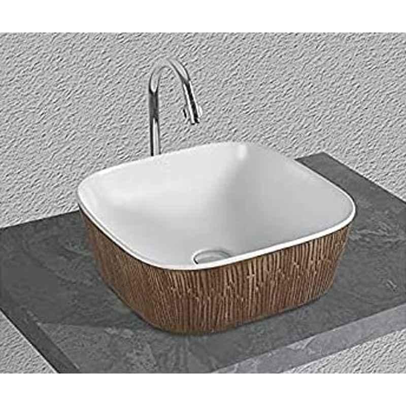 Uken (Dream Wood-603) Imported Luxury European Style Designing Bathroom Sink/Wash Basin/Table Top (Dream Wood-603) White,Brown