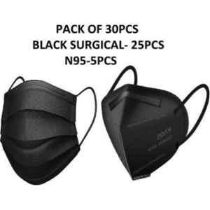Wellstar N95 5 Layer Disposable Water Resistant Pharmaceutical Breathable Black Surgical Face Mask for Men, Women & Kids, MM-3 (Pack of 30)