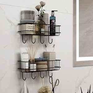 Plantex Multipurpose Bathroom Organiser Without Drill/GI Steel Self-Adhesive Shelf/Wall Mounted Shelf for Bathroom with Hooks- Pack of 2 (Black, Powder Coated)