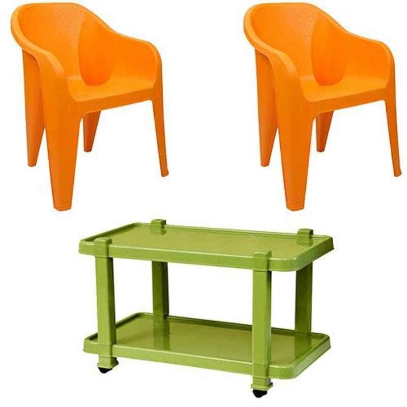 Italica 2 Pcs Polypropylene Orange Luxury Arm Chair & Green Table with Wheels Set, 2019-2/9509