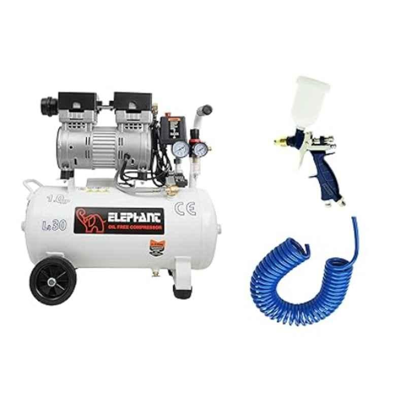 Elephant 1HP 30L Oil Free Air Compressor with Copper Winding Motor Spray Gun PU Pipe & Fittings Set with 6 Months Warranty, AC30DC-AB19