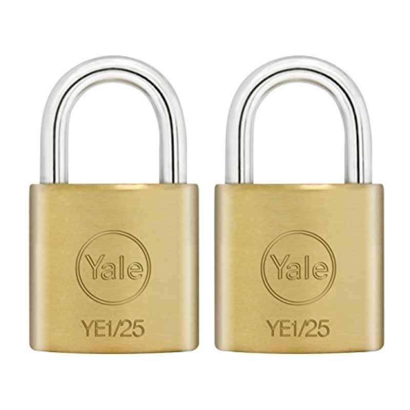 Yale Ye1/25/113/2 Brass Padlock, 25mm, Pack Of 2, Suitable For Gym Lockers And Luggage