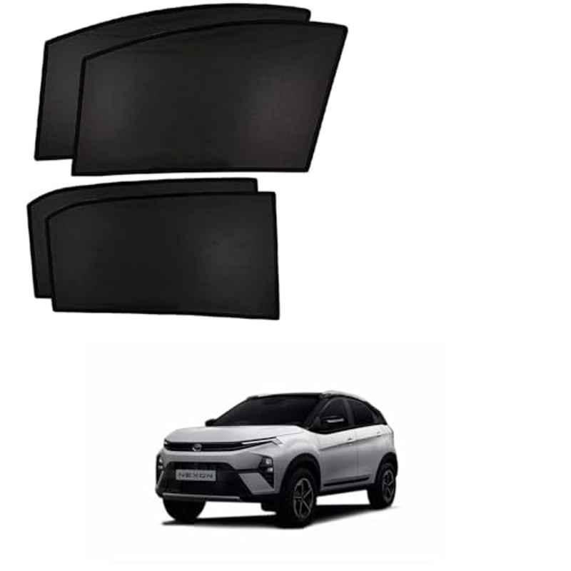 Kozdiko 4 Pcs Polyester Black Non Magnetic Window Sun Shades Set for Tata Nexon Facelift 2023-Present