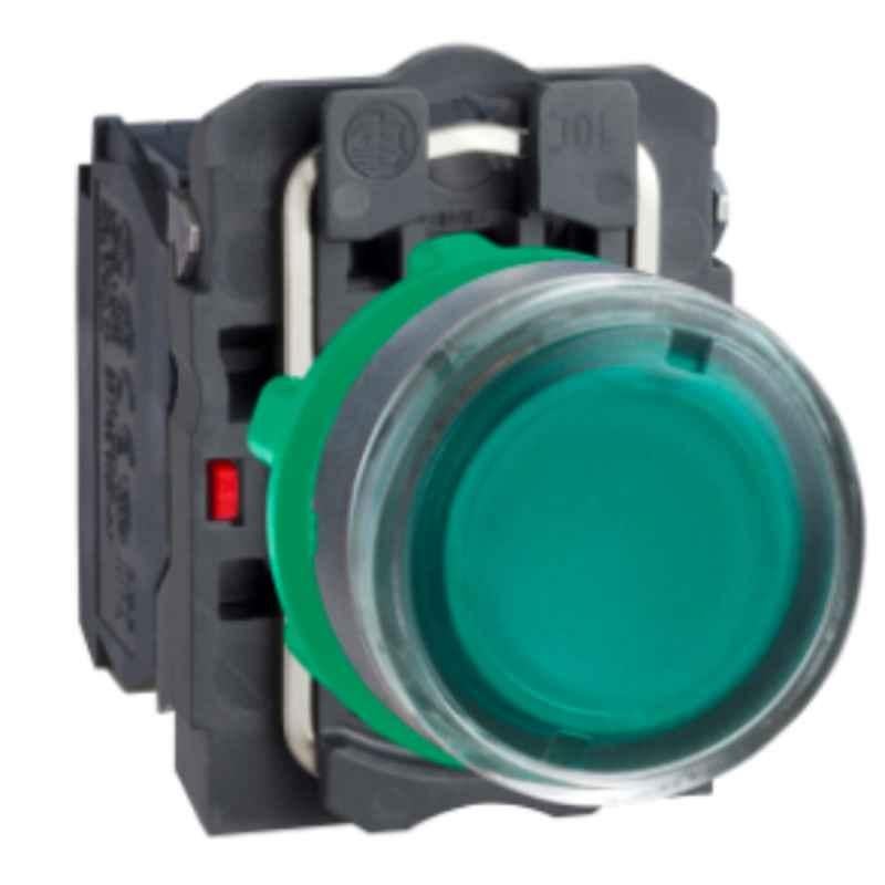 Schneider Harmony 1NO+1NC Plastic Green Flush Illuminated Spring Return Push Button, XB5AW33B5