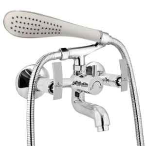 Cliquin Desire Flora Brass Chrome Wall Mounted Wall Mixer with Telephonic Crutch Hand Shower & 1m Stainless Steel Shower Tube
