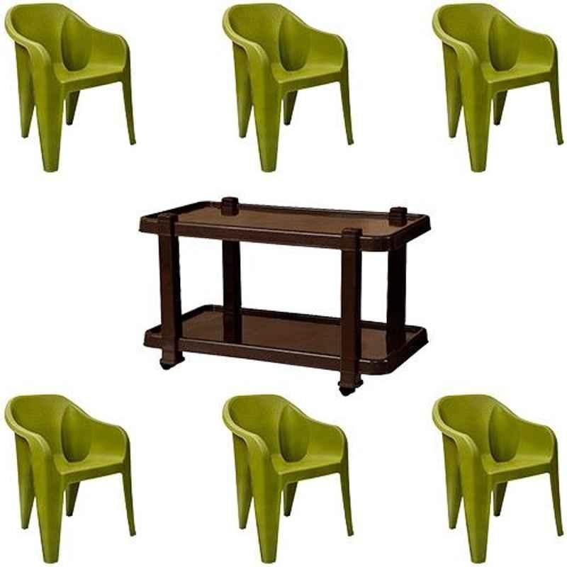 Italica 6 Pcs Polypropylene Olive Green Luxury Arm Chair & Nut Brown Table with Wheels Set, 2019-6/9509