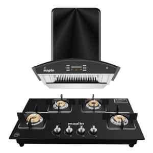 Maplin SS60 1400CMH 60cm Black Voice Control Glass Kitchen Chimney & GH04 4 Burner Gas Cooktop Combo