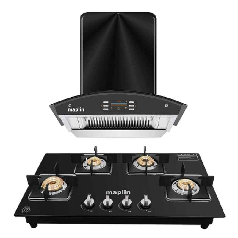 Maplin SS60 1400CMH 60cm Black Voice Control Glass Kitchen Chimney & GH04 4 Burner Gas Cooktop Combo