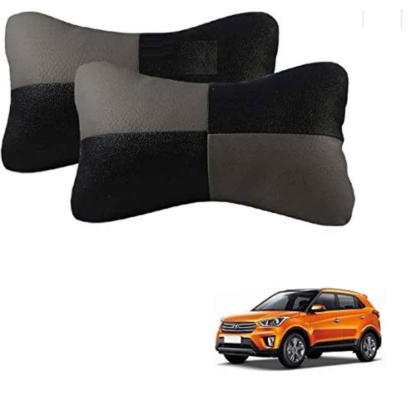 Kozdiko 2 Pcs Leather Grey & Black Neck Rest Car Cushion Pillow Set for Hyundai Creta